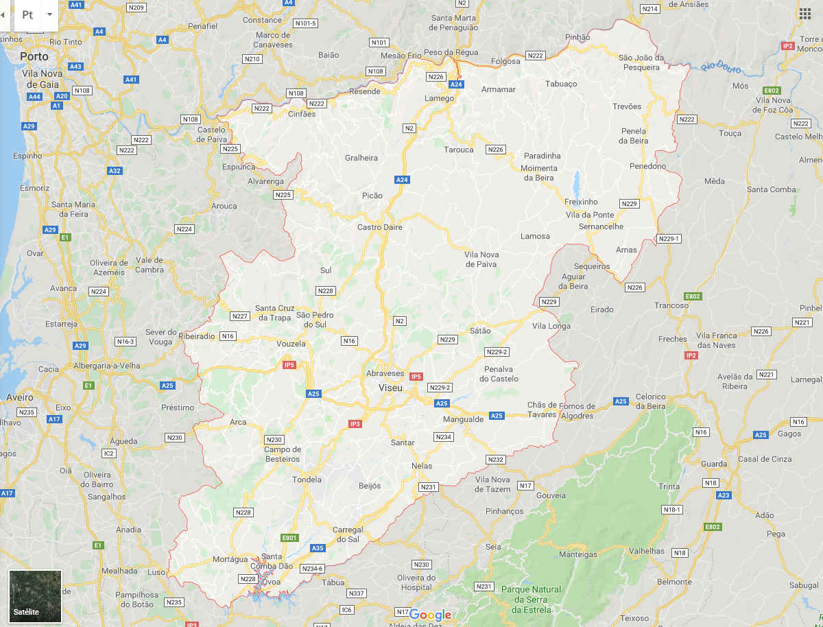 Mapa com as estradas que passam no distrito de Viseu