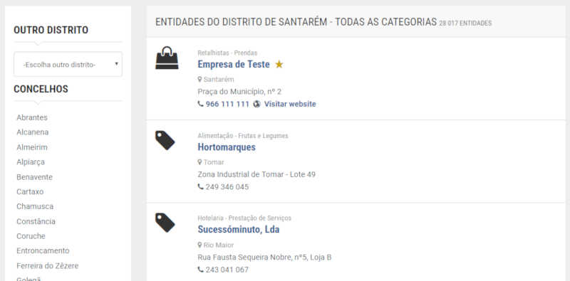Lista de empresas do distrito de Santarém com a Empresa de Teste destacada no topo da listagem